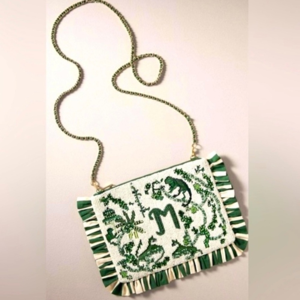 NWOT Anthropologie Beaded Monogram “M” Clutch Anna Harlow Russo Green